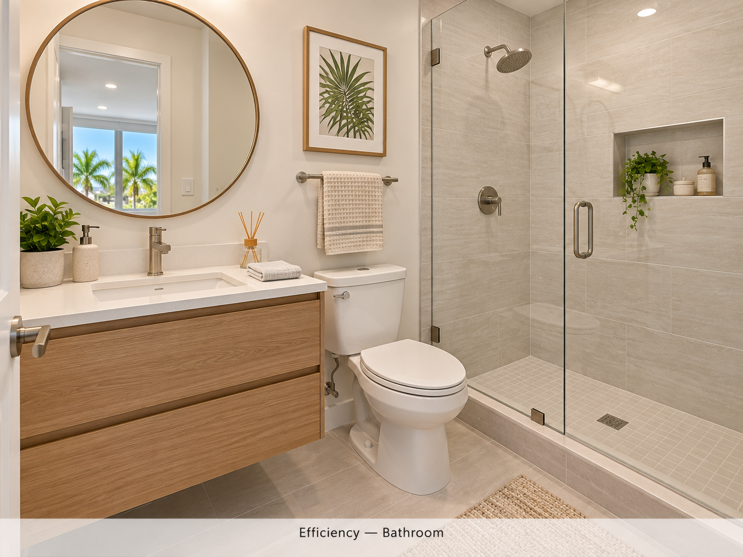Bathroom with a wood-finish vanity, tiled walk-in shower with glass enclosure, and light tile flooring.
