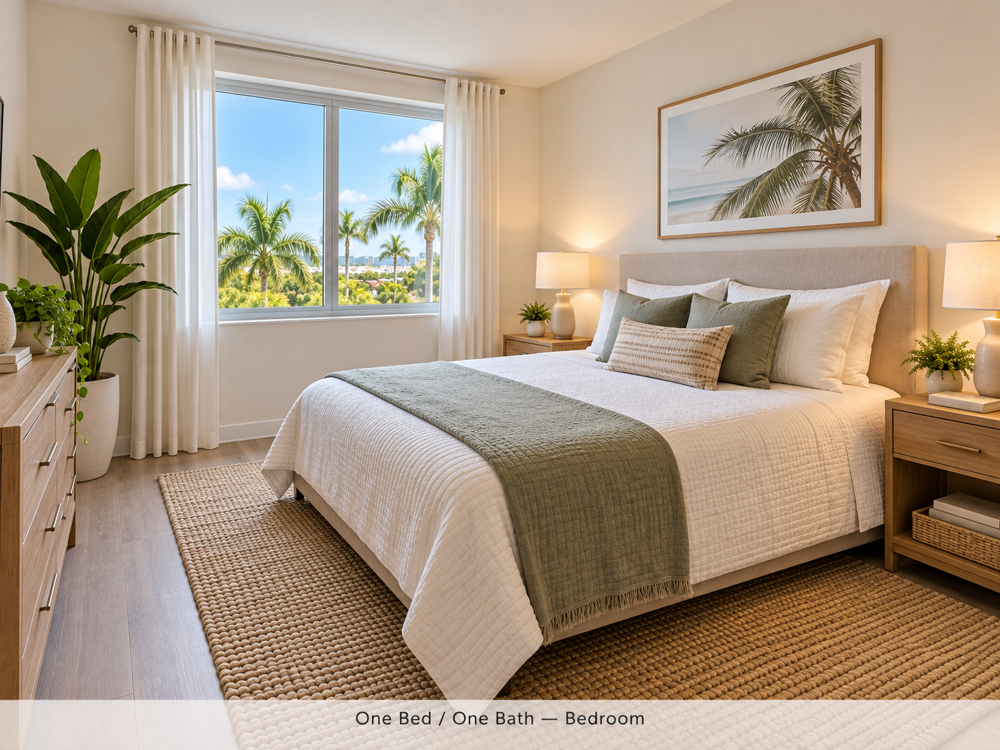 Bedroom with light neutral walls, plank flooring, and a large window.