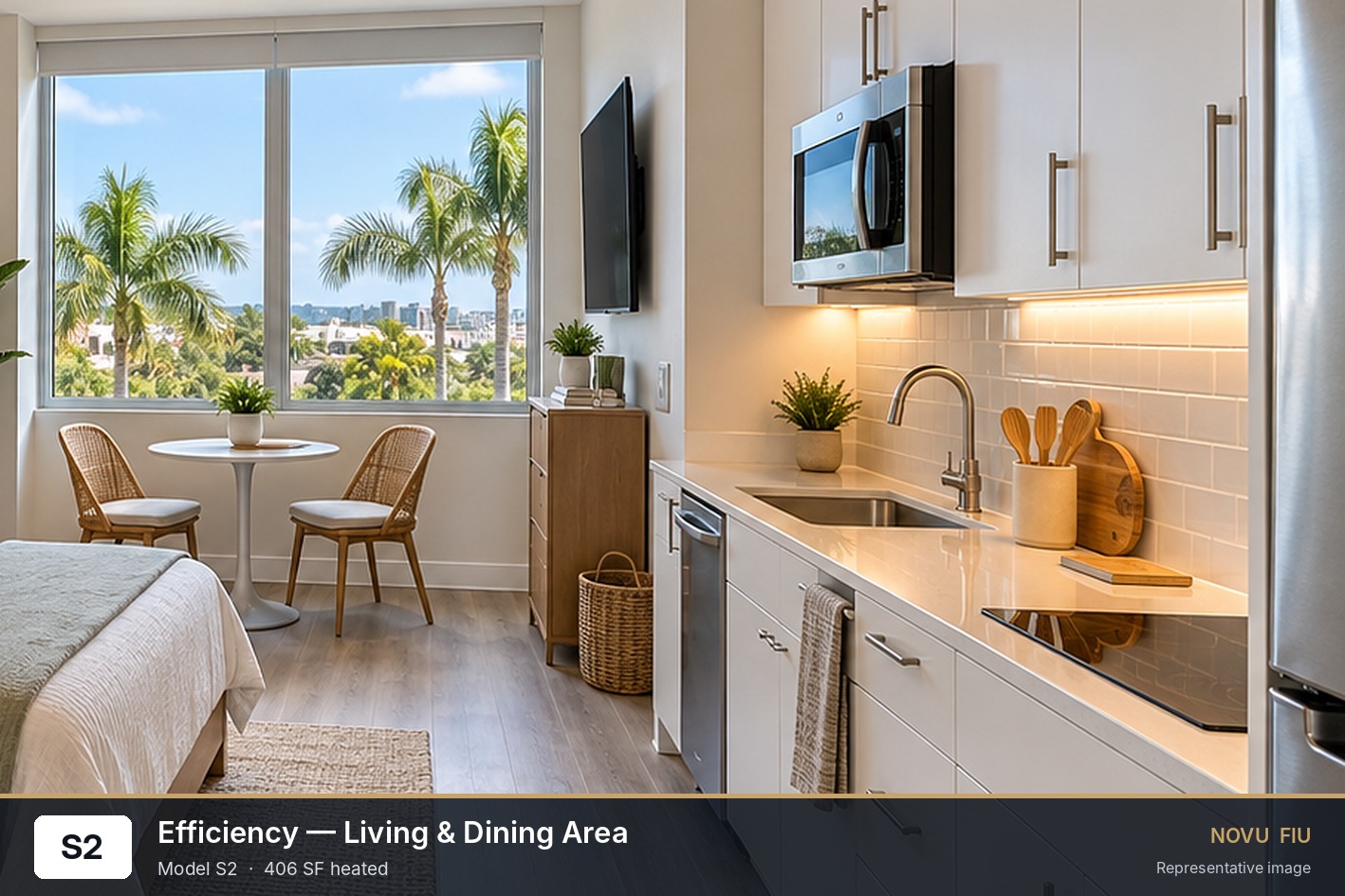 Compact efficiency space with a kitchenette, light plank flooring, white cabinetry, and large windows.