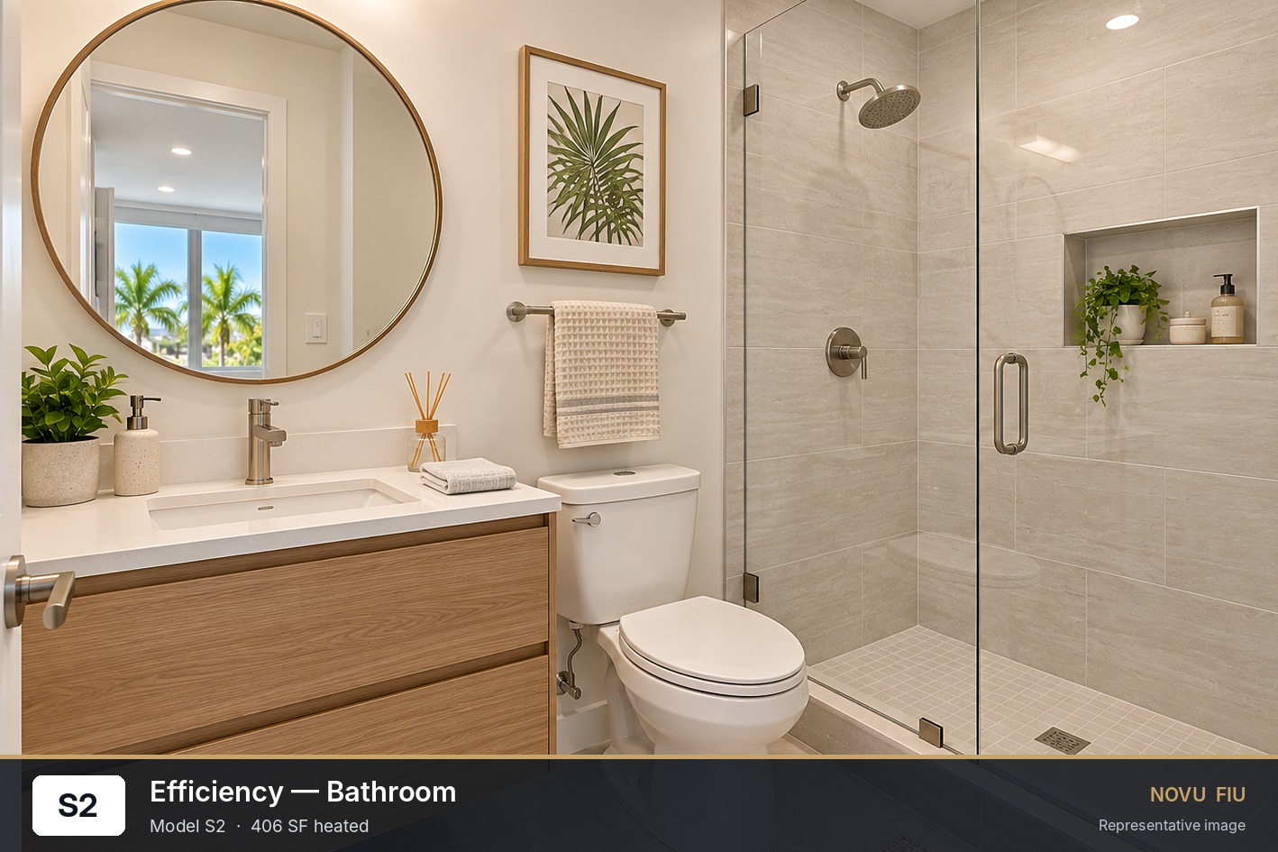 Bathroom with a wood-tone vanity, light tile flooring, and a glass-enclosed walk-in shower.