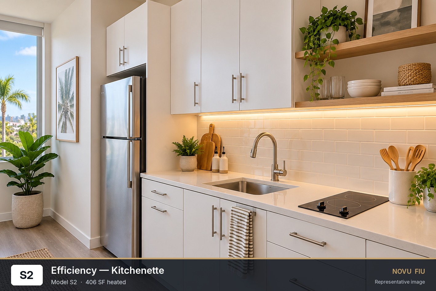 Compact kitchenette with white cabinetry, light countertops, a tiled backsplash, and a large window.